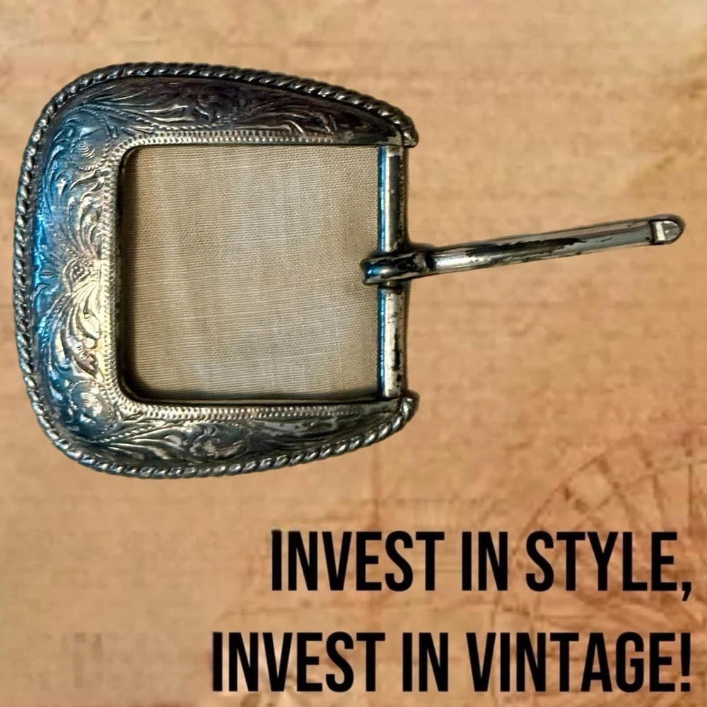 Silver Etched Rope Edge Engraved Belt Buckle VINTAGE Unisex